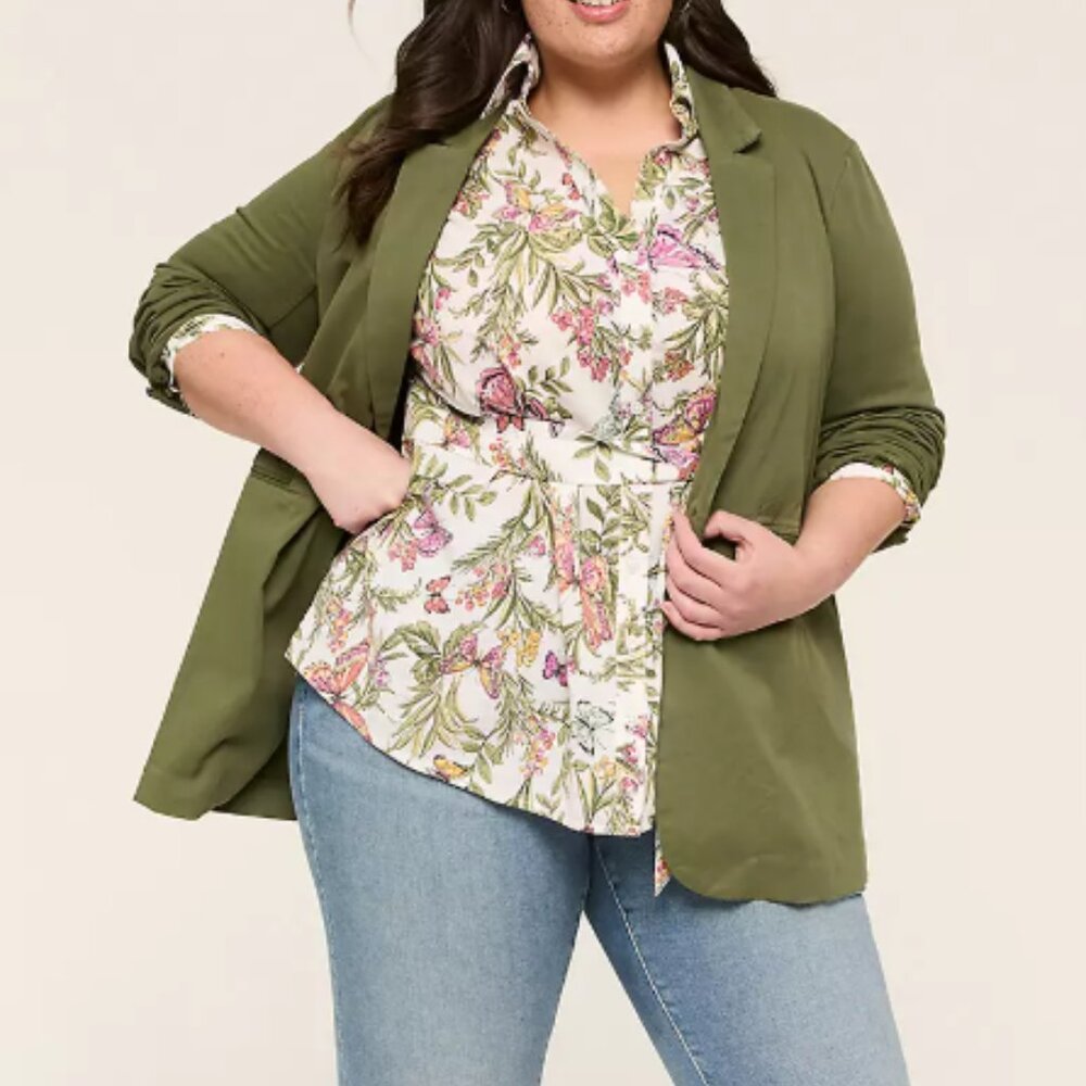 Lane Bryant Belted Button-Down Tunic Bright Butterfly Floral 100% Cotton Sz 22